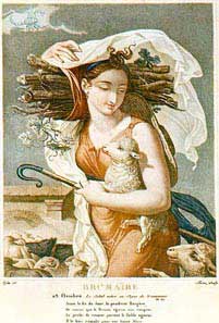 Une jeune femme protège sa tête d'un voile qui se soulève sous l'effet du vent d'automne. Elle regarde l'agneau qu'elle porte dans ses bras.