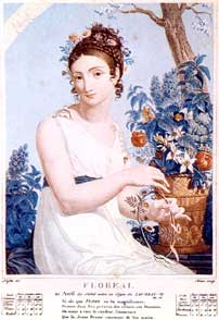 Une jeune femme tresse une couronne de fleurs, symbolisant la floraison d'avril. Signe astrologique du Taureau en filigrane.