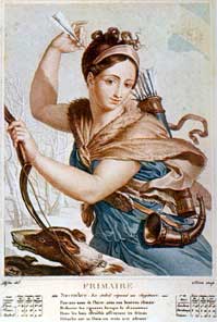 Allégorie de Frimaire : une jeune femme, vêtue à l'antique de drapés beige et bleu, lève son bras droit pour se saisir d'une flèche de son carquois, son autre main tien un arc. Un chien est devant elle, évoquant la saison de la chasse.