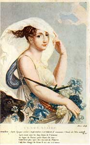 Personnification du mois de vendémiaire (septembre) : une jeune fille vêtue à la mode romaine retient son voile gonflé par le vent, elle tient de son bras droit une corbeille remplie de grappes de raison, symbole des vendanges.