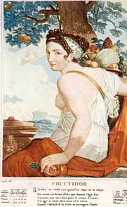 Une jeune femme vêtue à la romaine de trois-quarts dos porte une corbeille remplie de fruits.